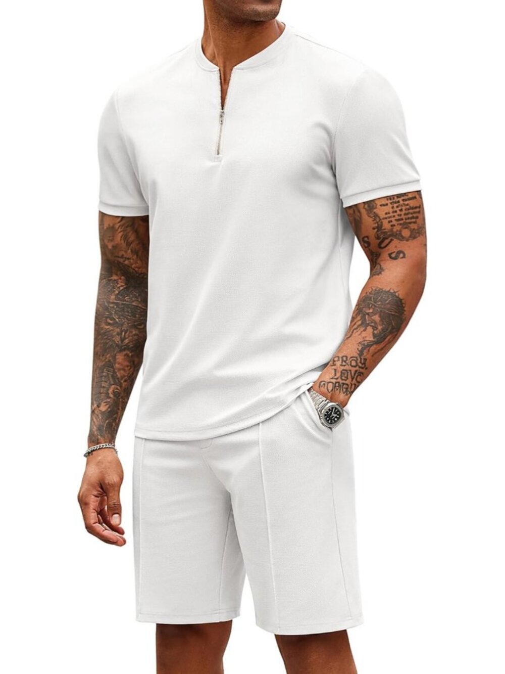 Coofandy Men's White Polyester Shorts Zip Polo T Shirt 2 Pieces Tracksuit